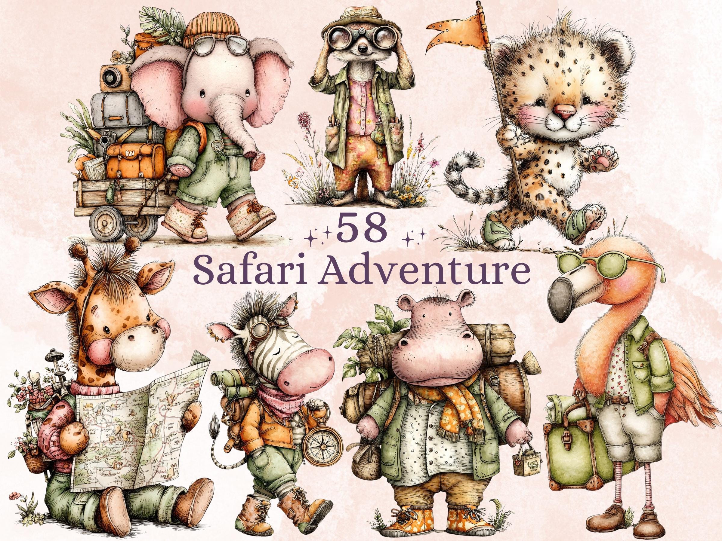 Safari Adventure Clipart, Whimsical Quirky Jungle Animals PNG Illustrations (Digital Download, Commercial Use)