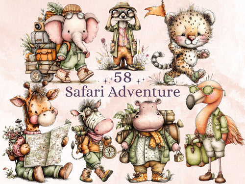 Safari Adventure Clipart, Whimsical Quirky Jungle Animals PNG Illustrations (Digital Download, Commercial Use)