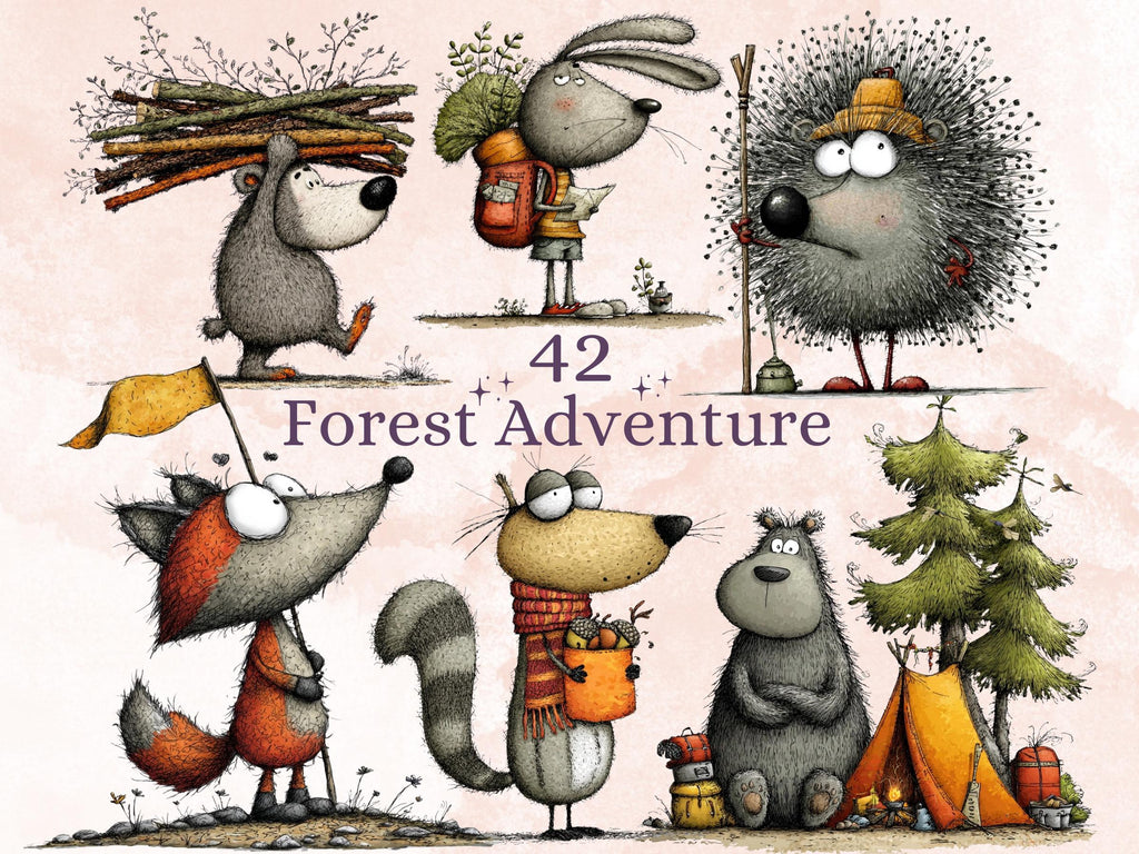Forest Adventure Clipart, Funny Quirky Woodland Animals PNG Illustrations (Digital Download, Commercial Use)