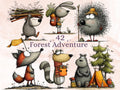 Forest Adventure Clipart, Funny Quirky Woodland Animals PNG Illustrations (Digital Download, Commercial Use)