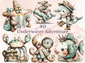 Underwater Adventure Clipart, Funny Quirky Ocean Animals PNG Illustrations (Digital Download, Commercial Use)
