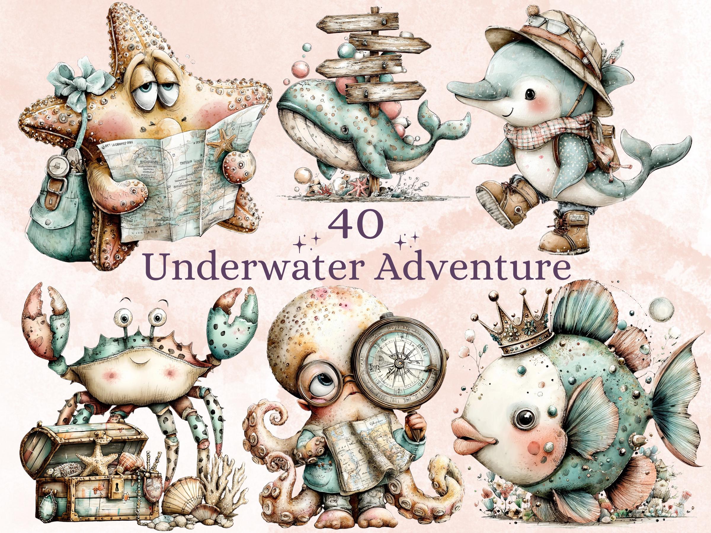 Underwater Adventure Clipart, Funny Quirky Ocean Animals PNG Illustrations (Digital Download, Commercial Use)
