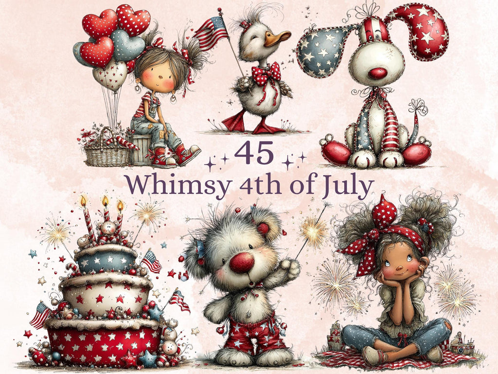 4th of July Clipart Bundle | 45 Whimsical Quirky Patriotic PNG | Independence Day Download