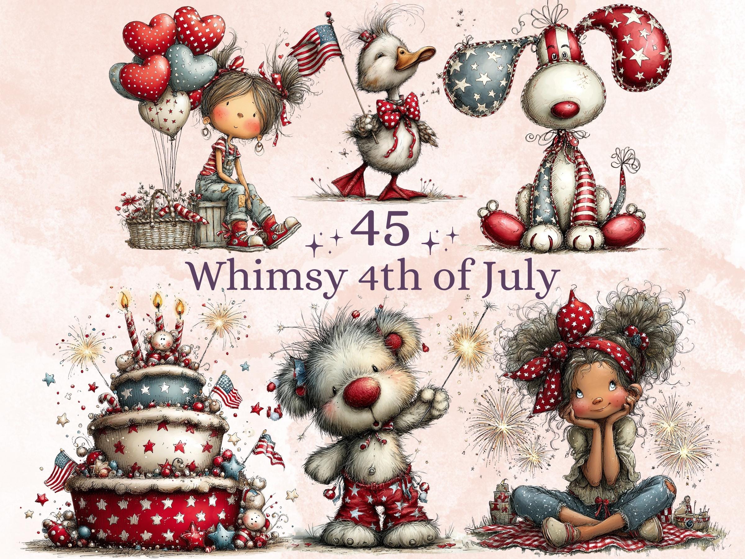 4th of July Clipart Bundle | 45 Whimsical Quirky Patriotic PNG | Independence Day Download