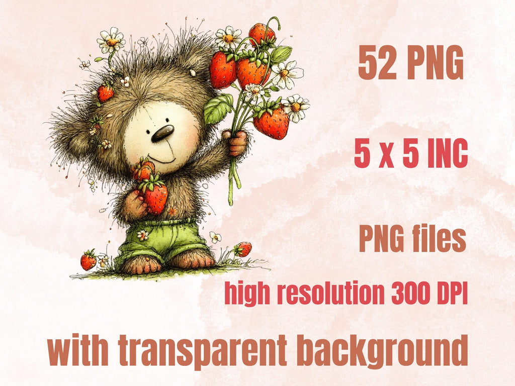 Strawberry Clipart Bundle | 52 Whimsical Quirky Berry PNG | Summer Fruit Digital Download