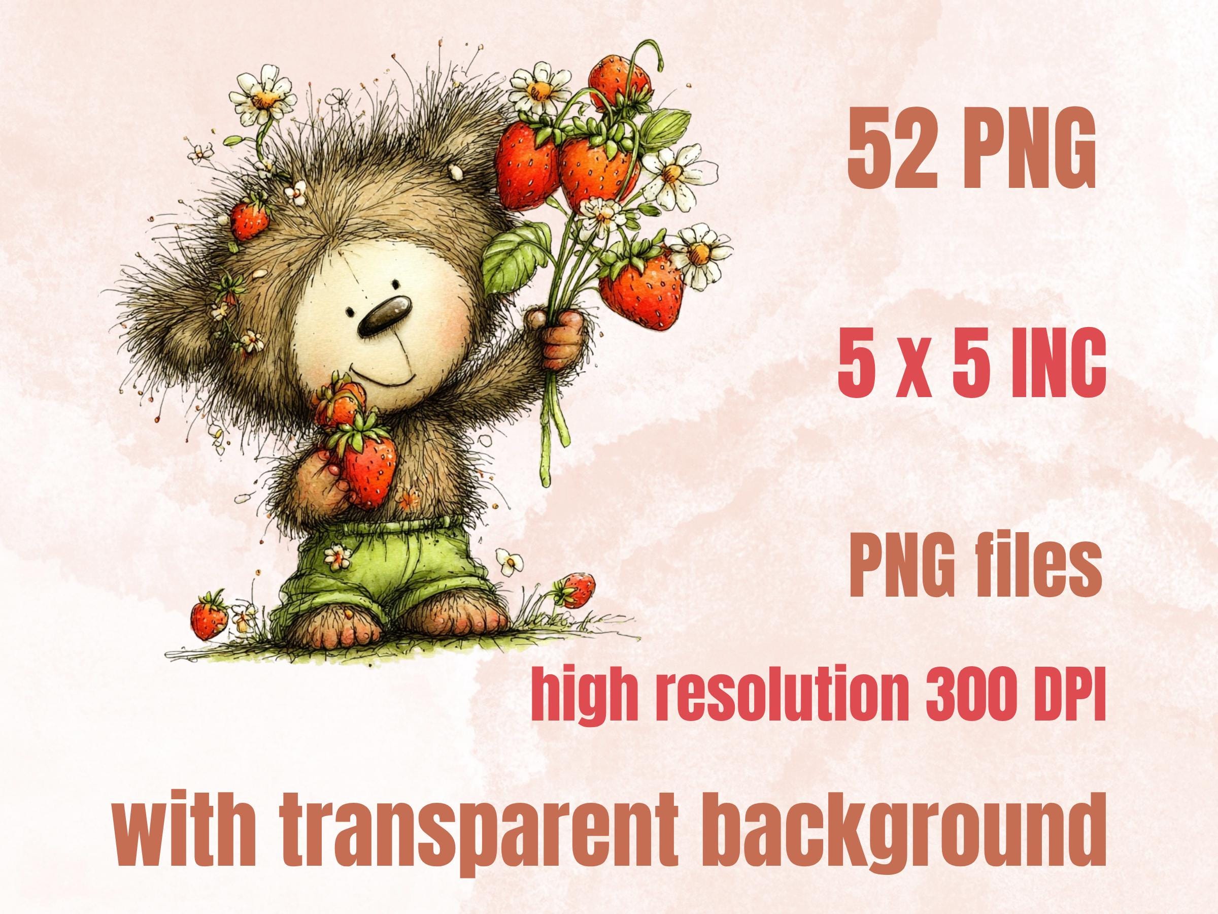 Strawberry Clipart Bundle | 52 Whimsical Quirky Berry PNG | Summer Fruit Digital Download