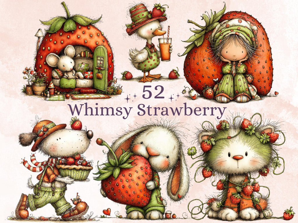 Strawberry Clipart Bundle | 52 Whimsical Quirky Berry PNG | Summer Fruit Digital Download
