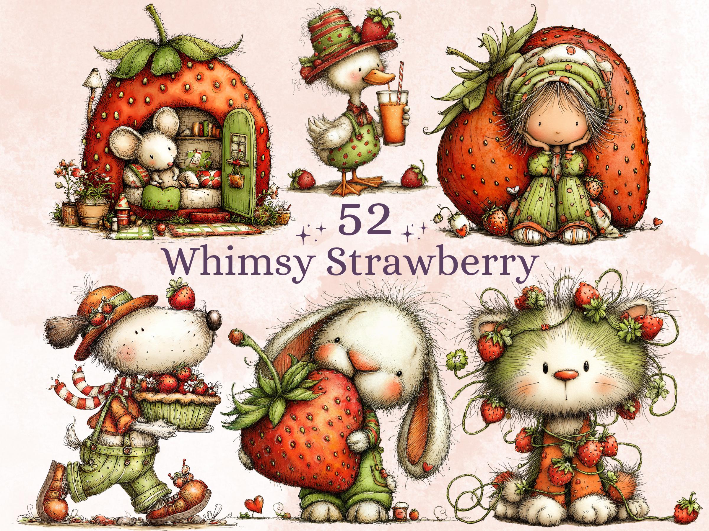 Strawberry Clipart Bundle | 52 Whimsical Quirky Berry PNG | Summer Fruit Digital Download