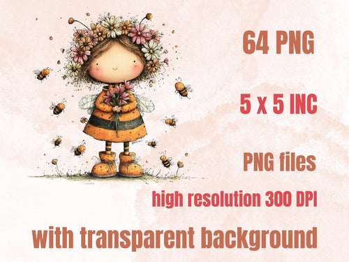 Bee Clipart Bundle | 64 Whimsical Quirky Bee PNG | Floral Honey Digital Download