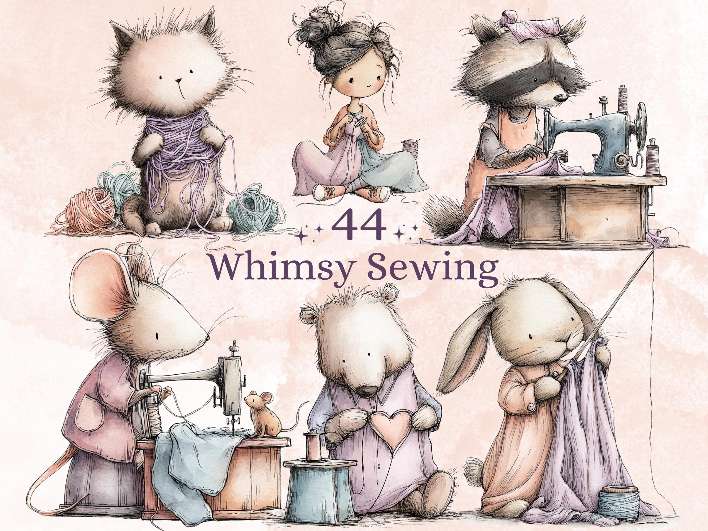 Whimsy Sewing Clipart Bundle | 44 Whimsical Quirky Sewing PNG | Craft Lover Digital Download