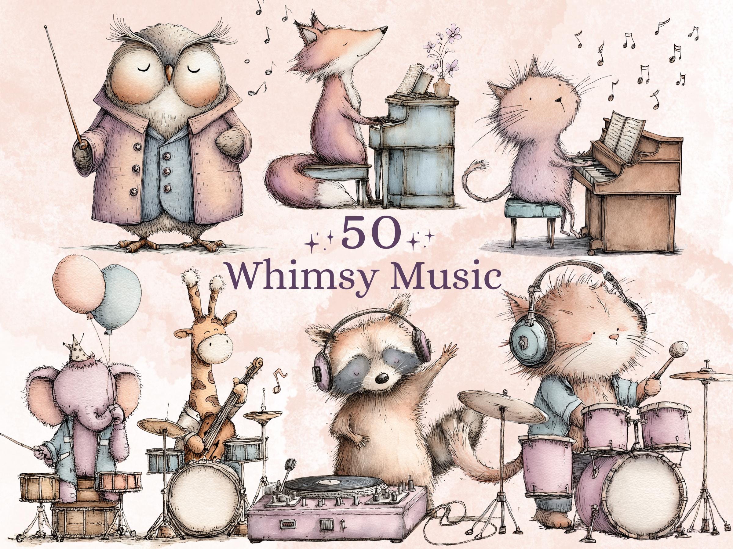 Whimsy Music Clipart Bundle | 50 Whimsical Quirky Music PNG | Musician Animals Digital Download