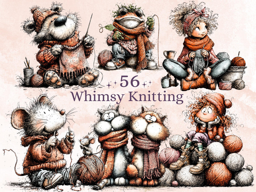 Whimsy Knitting Clipart Bundle | 56 Whimsical Quirky Crochetting PNG | Craft Lover Digital Download