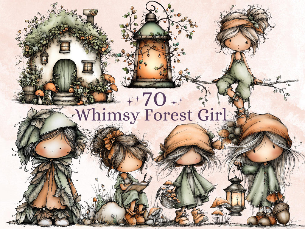 Whimsy Forest Girl Clipart Bundle | 70 Whimsical Quirky Woodland PNG | Feral Girl Digital Download