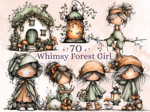 Whimsy Forest Girl Clipart Bundle | 70 Whimsical Quirky Woodland PNG | Feral Girl Digital Download