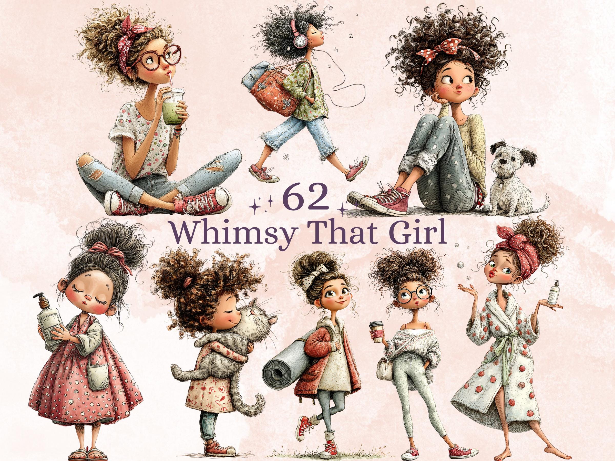 That Girl Clipart Bundle | 62 Whimsical Quirky It Girl PNG | Wellness Pinterest Digital Download