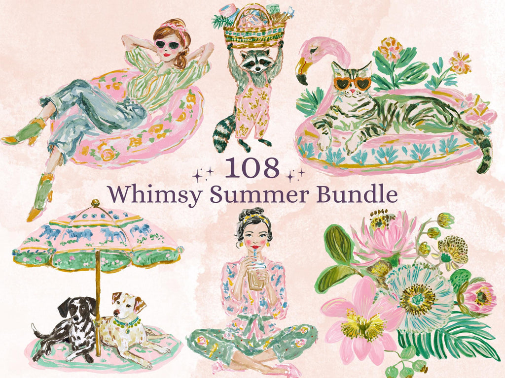 Whimsy Summer Bundle Clipart | 108 Whimsical Quirky Tropical PNG | Summer Beach Digital Download