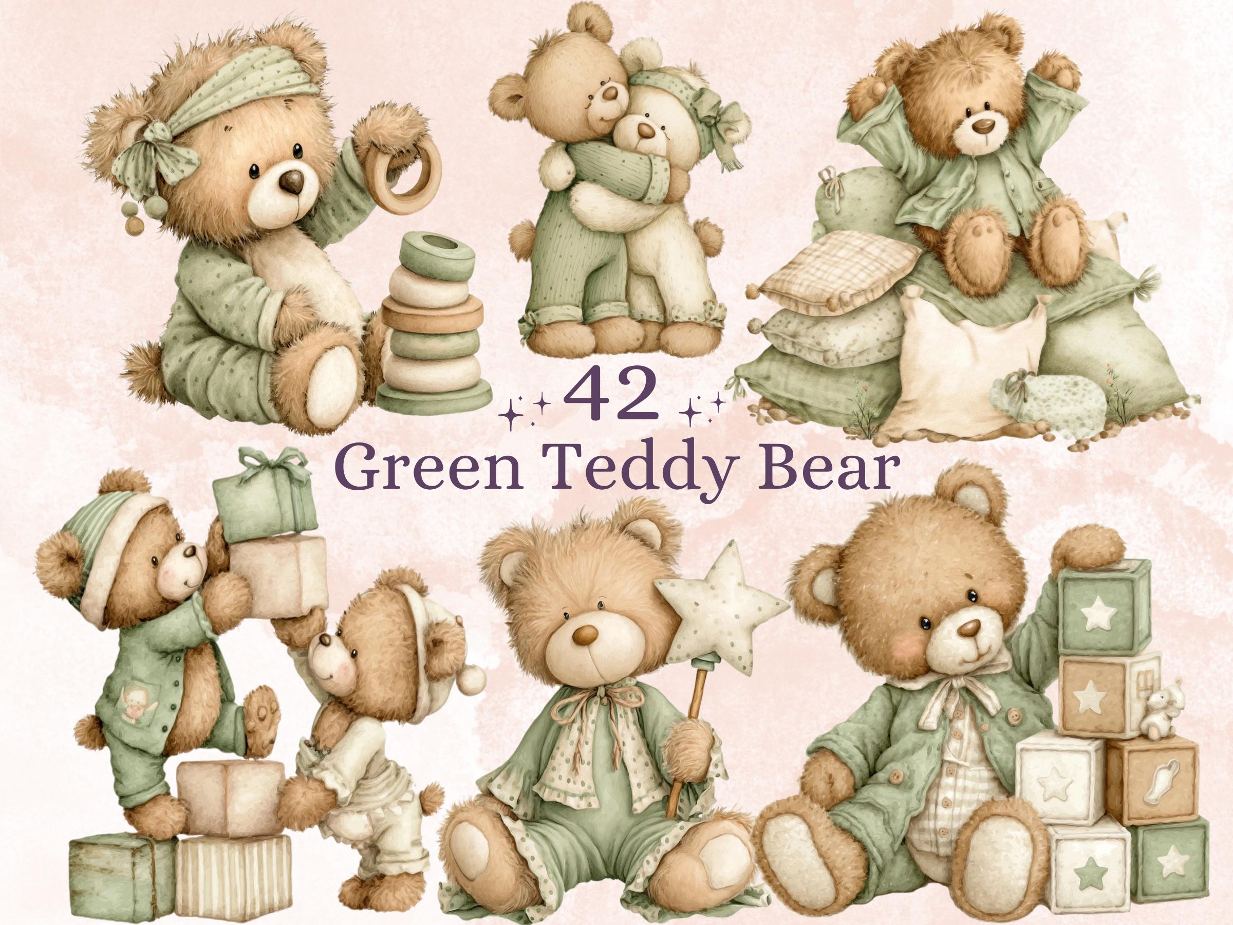 Watercolor Green Teddy Bear Clipart | 42 Whimsical Quirky Bear PNG | Nursery Teddies Digital Download