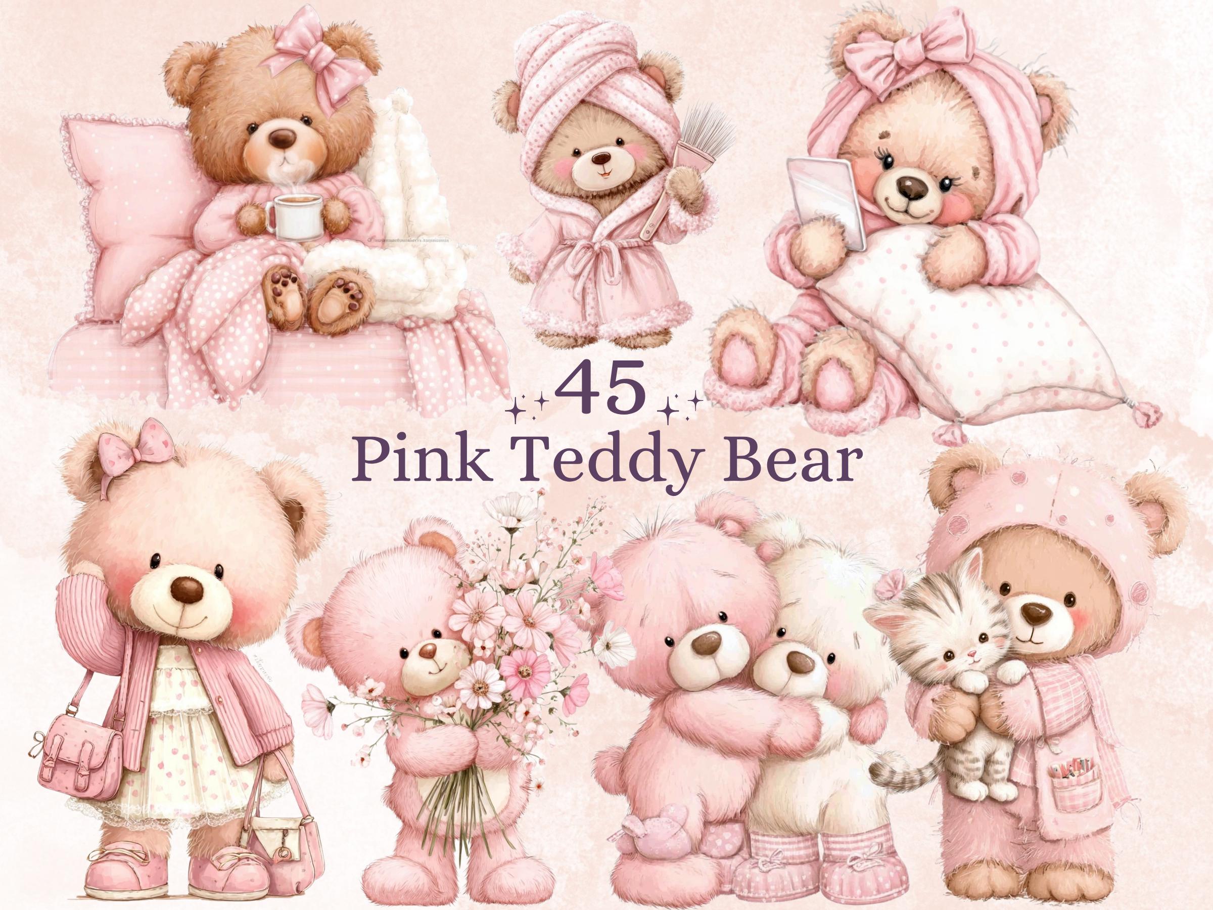Girly Pink Teddy Bear Clipart | 42 Whimsical Quirky Bear PNG | Nursery Baby Shower Girl Download