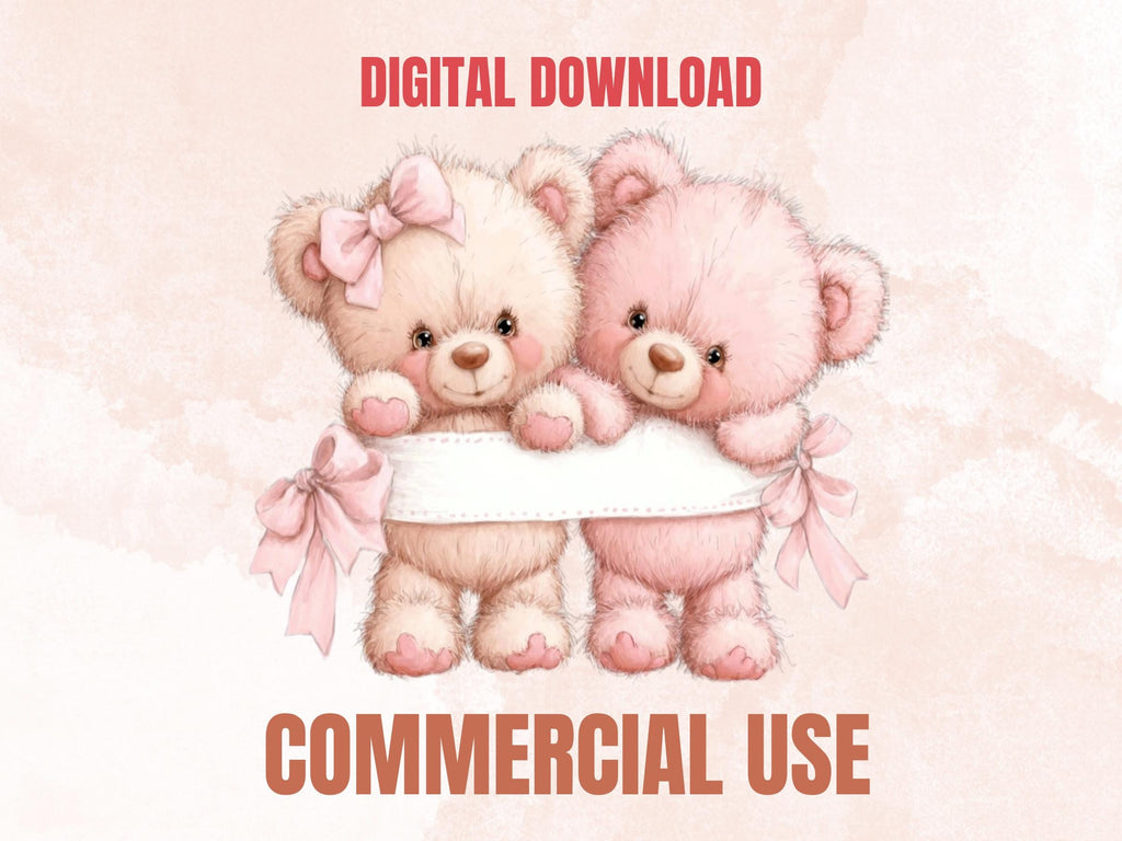 Girly Pink Teddy Bear Clipart | 42 Whimsical Quirky Bear PNG | Nursery Baby Shower Girl Download