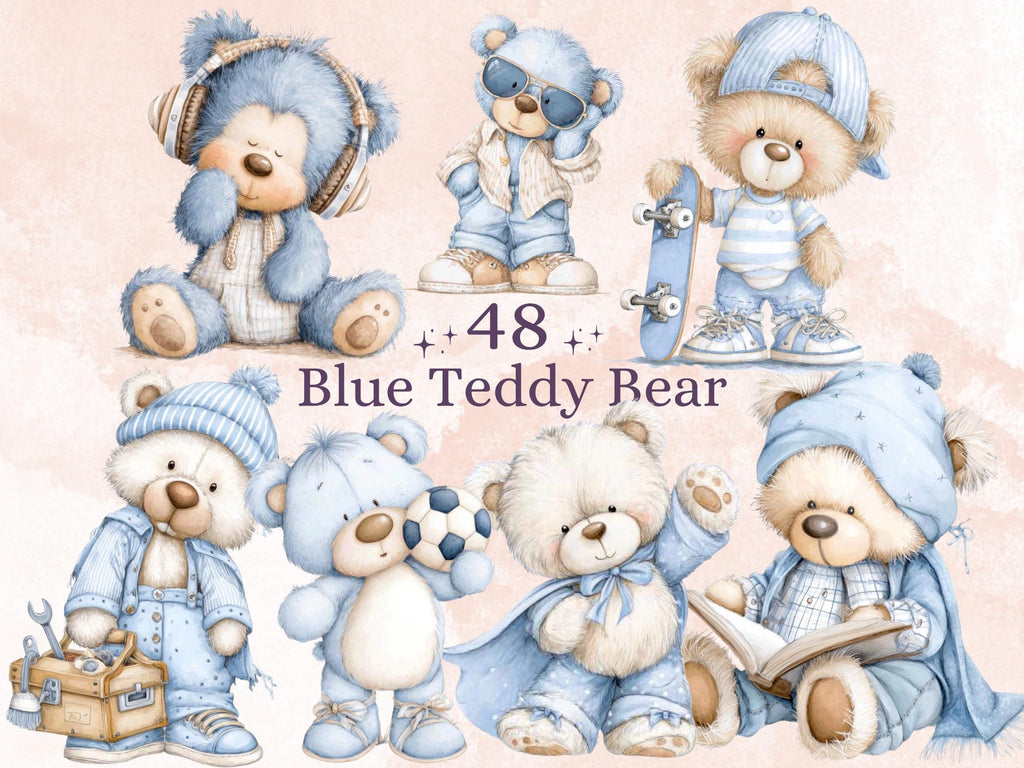 Watercolor Blue Teddy Bear Clipart | 42 Whimsical Quirky Bear PNG | Nursery Baby Shower Boy Download