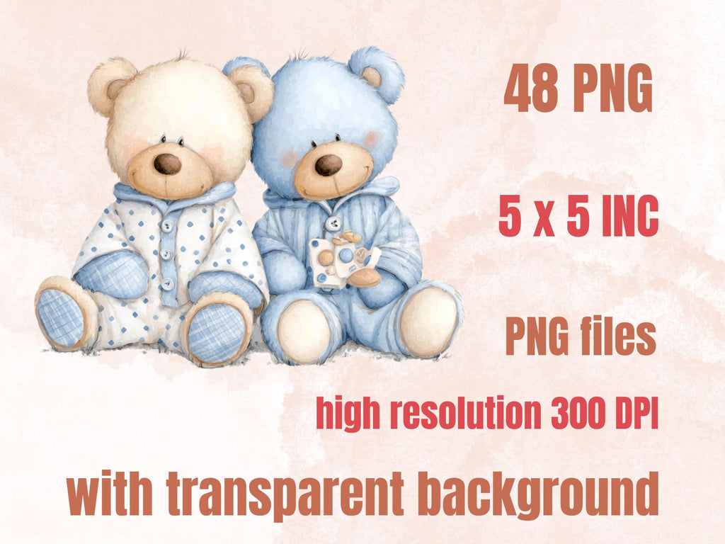 Watercolor Blue Teddy Bear Clipart | 42 Whimsical Quirky Bear PNG | Nursery Baby Shower Boy Download