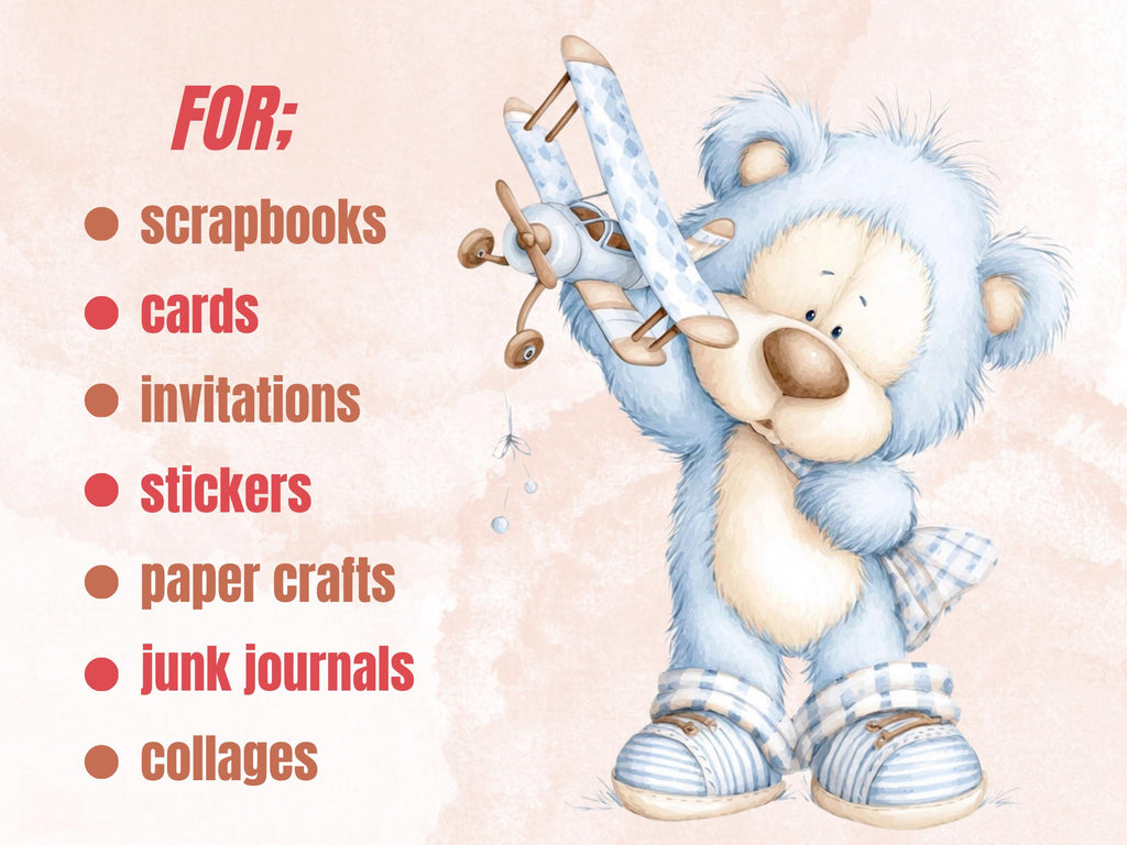 Watercolor Blue Teddy Bear Clipart | 42 Whimsical Quirky Bear PNG | Nursery Baby Shower Boy Download