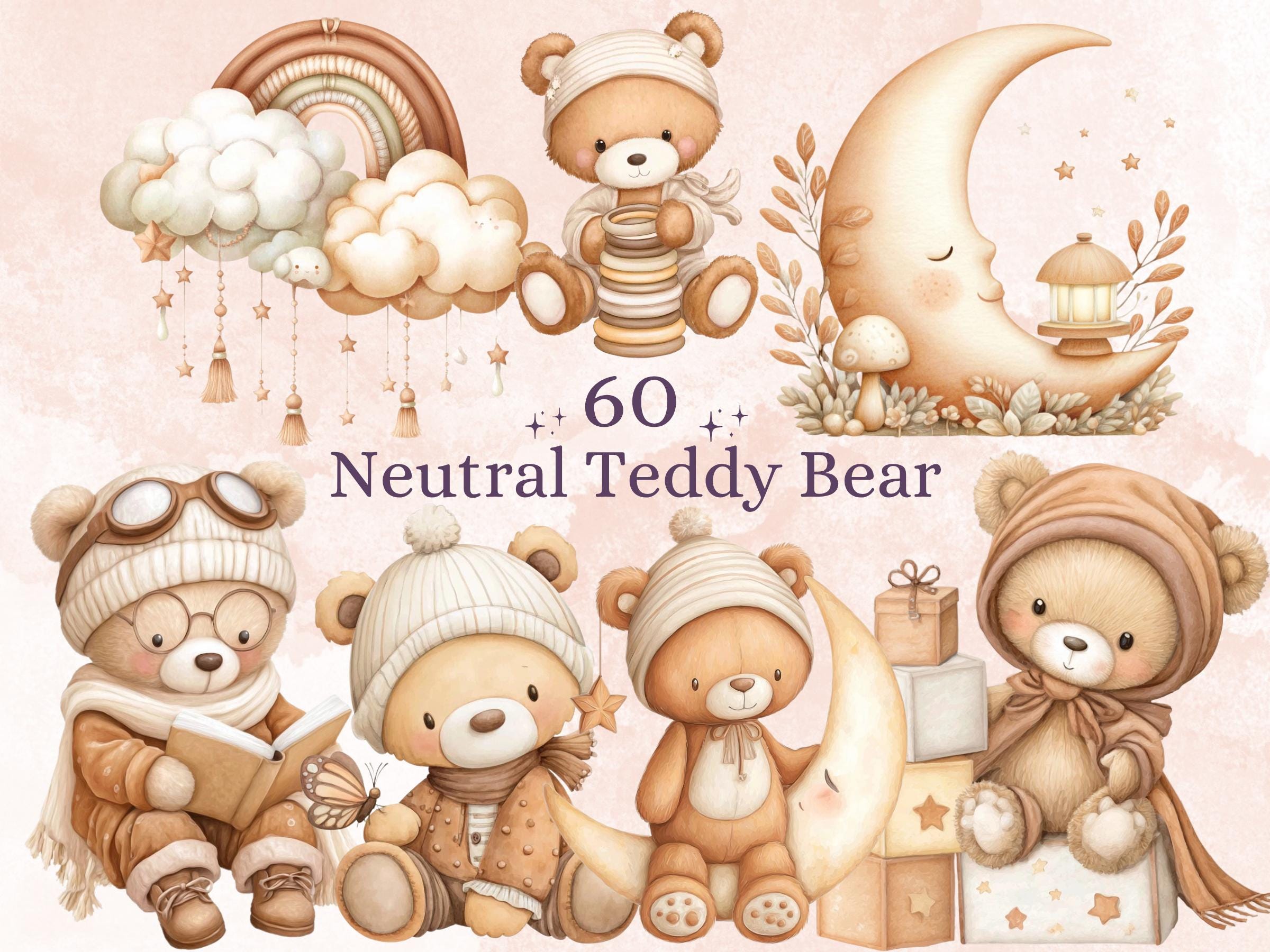 Neutral Boho Teddy Bear Clipart | 42 Whimsical Quirky Bear PNG | Nursery Teddies Digital Download