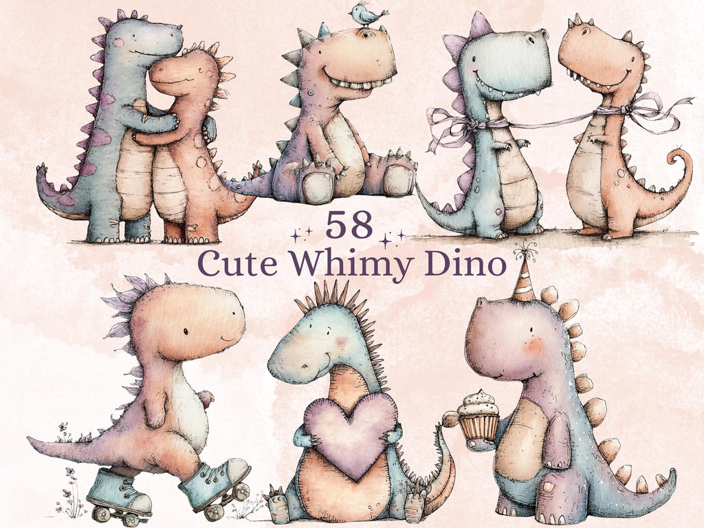 Whimsy Dino Clipart| 58 Whimsical Quirky Dinosaur PNG | Nursery Dinosaurs Digital Download