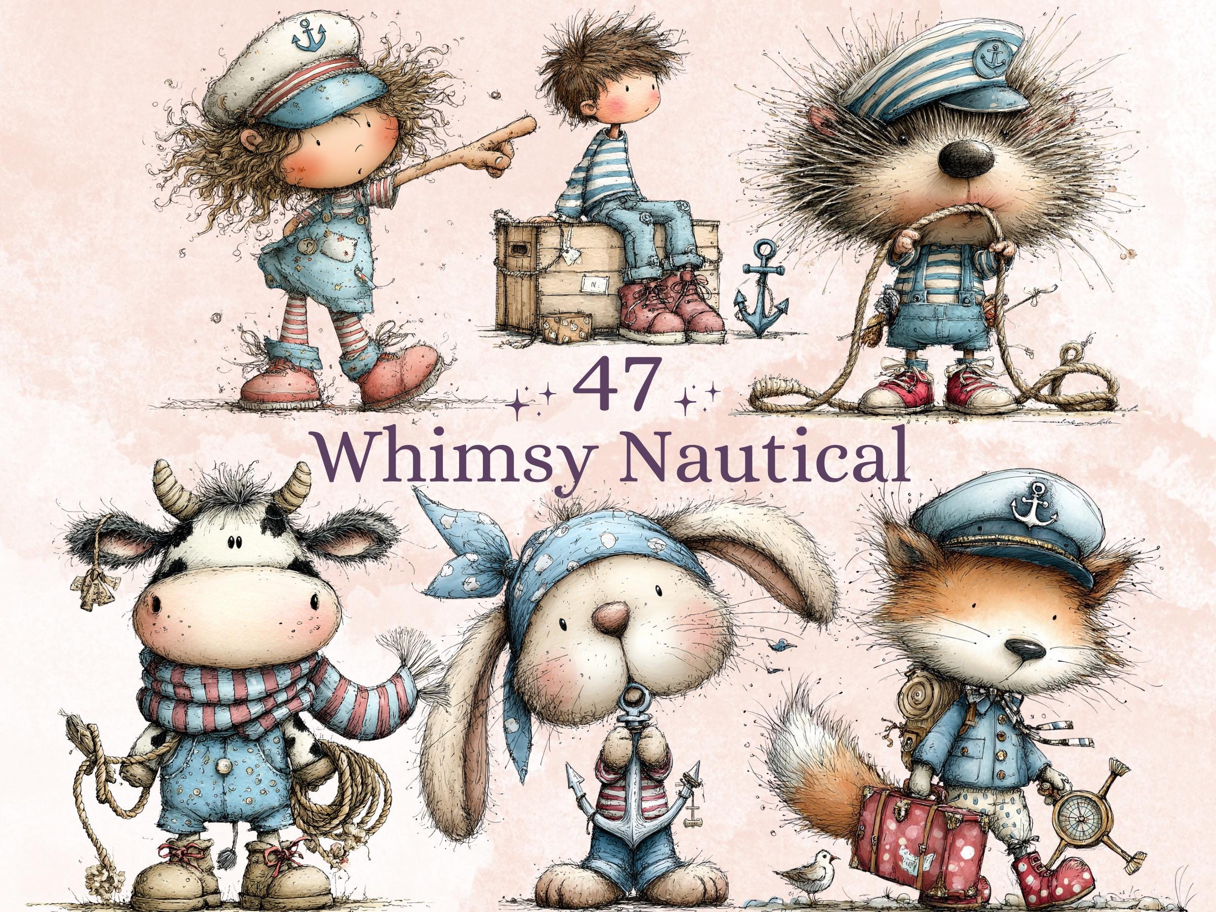 Nautical Clipart Bundle | 47 Whimsical Quirky Nautical PNG | Coastal Sea Digital Download