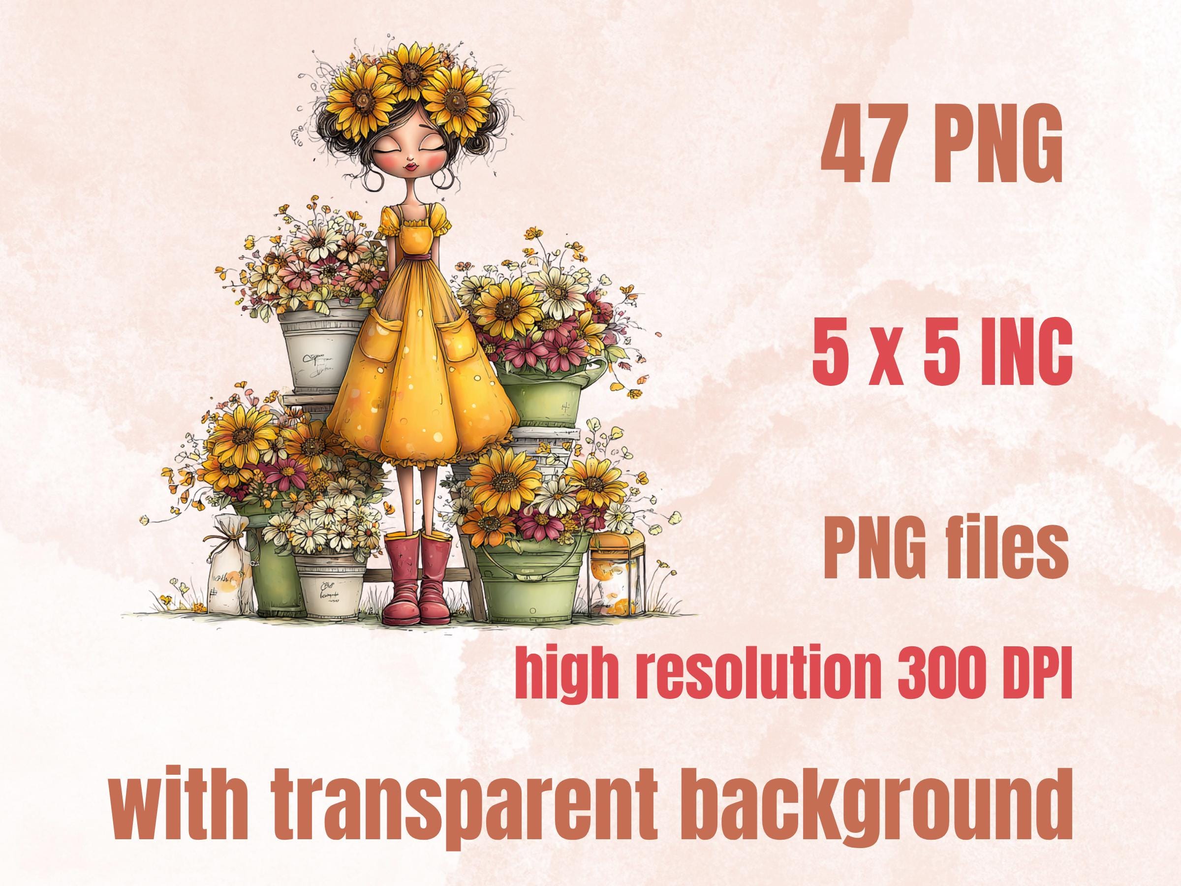 Sunflower Clipart Bundle | 47 Whimsical Quirky Sunflower PNG | Summer Floral Digital Download