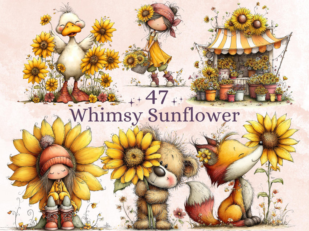Sunflower Clipart Bundle | 47 Whimsical Quirky Sunflower PNG | Summer Floral Digital Download