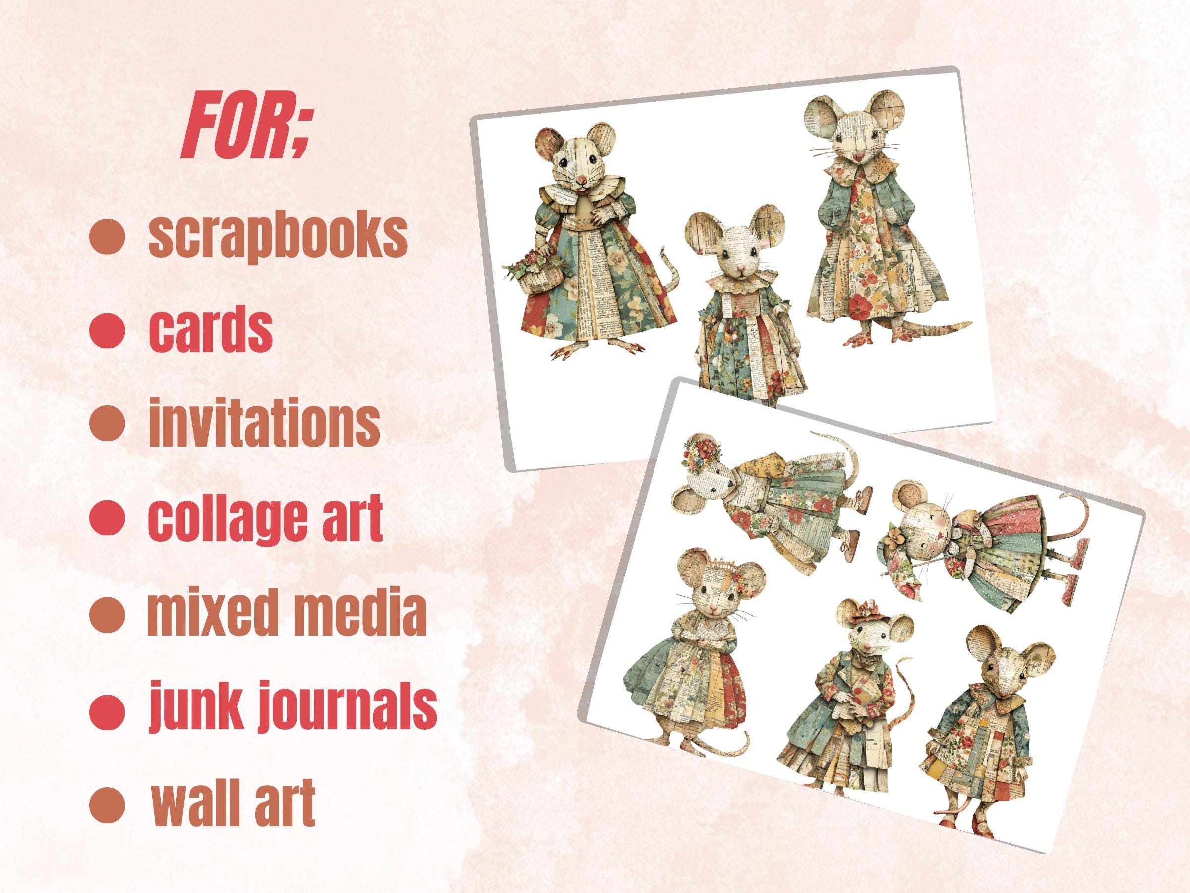 Whimsical Paper Mice Fussy Cut Bundle, 35 Mixed Media Mouse Cutouts, Cottagecore Ephemera Junk Journal Scrapbook Sheets