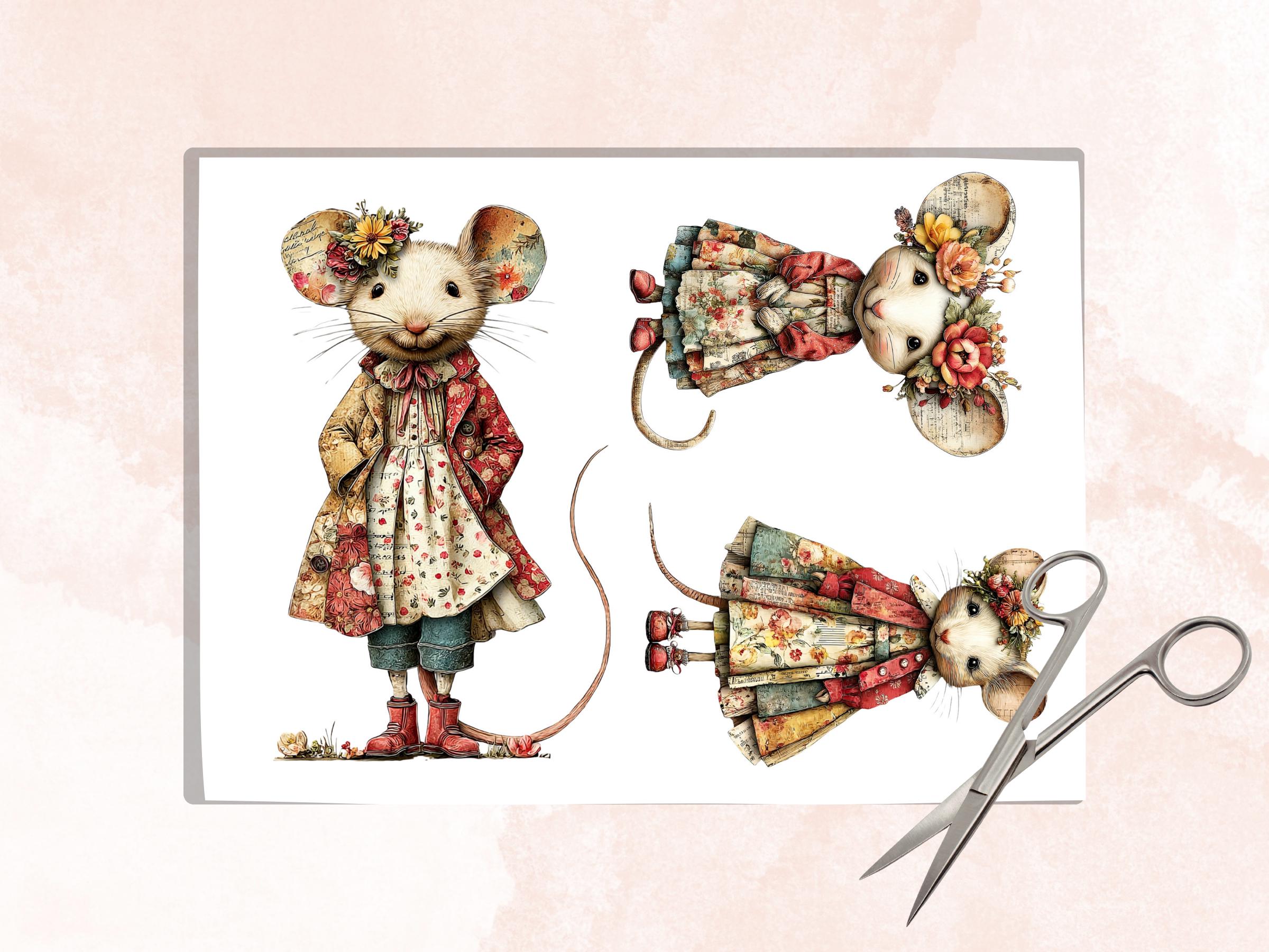 Whimsical Paper Mice Fussy Cut Bundle, 35 Mixed Media Mouse Cutouts, Cottagecore Ephemera Junk Journal Scrapbook Sheets