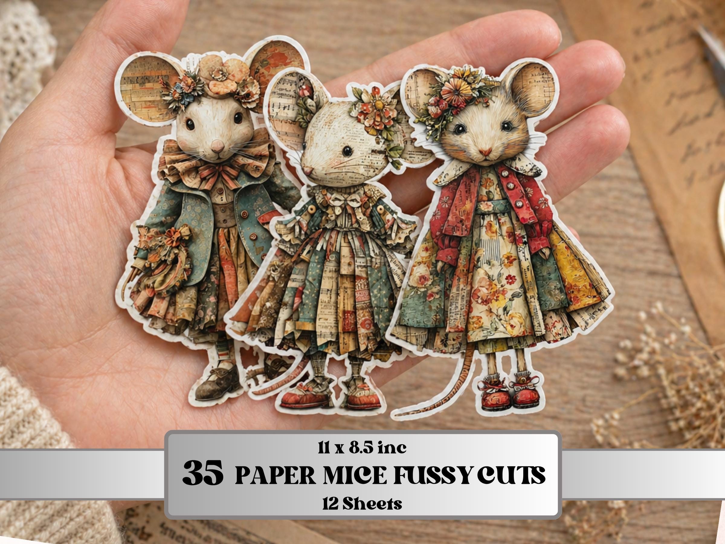 Whimsical Paper Mice Fussy Cut Bundle, 35 Mixed Media Mouse Cutouts, Cottagecore Ephemera Junk Journal Scrapbook Sheets