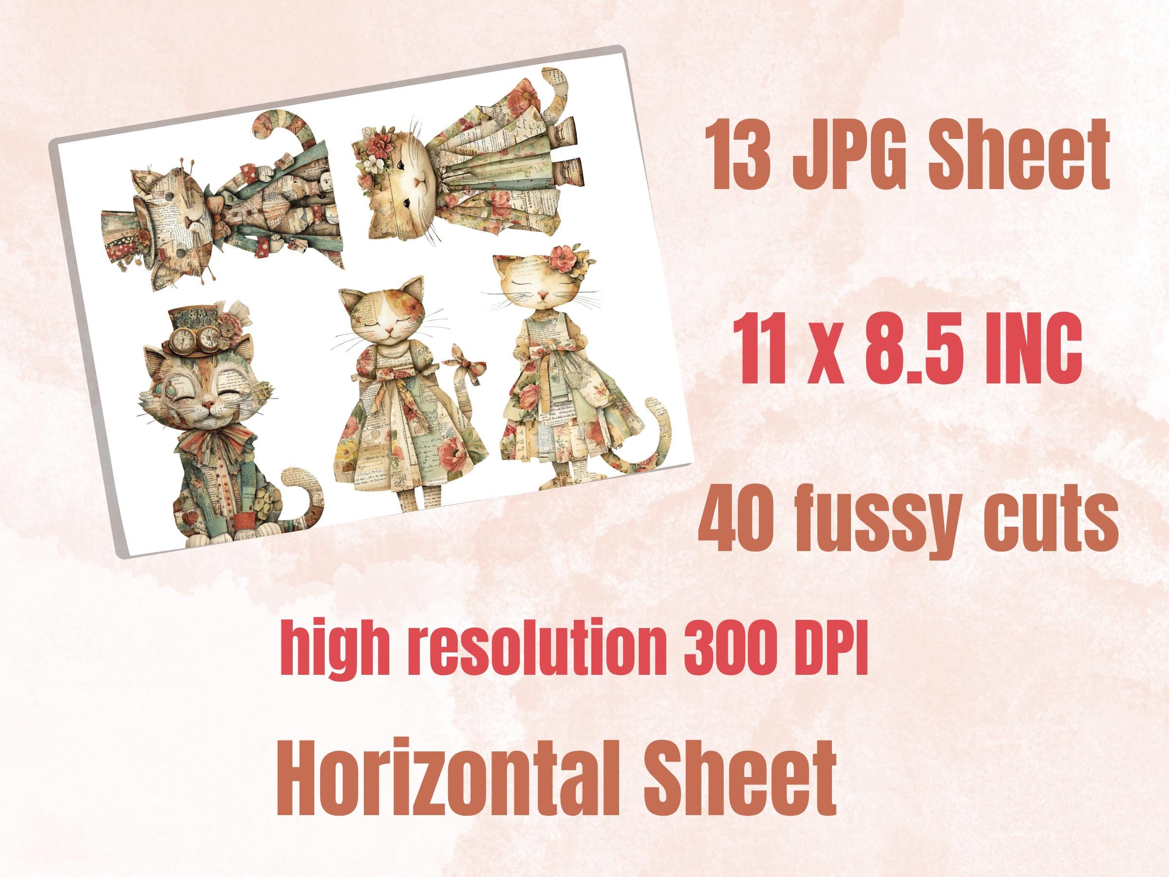 Whimsical Paper Cats Fussy Cut Bundle, 40 Mixed Media Cat Cutouts, Animal Ephemera Junk Journal Scrapbook Sheets