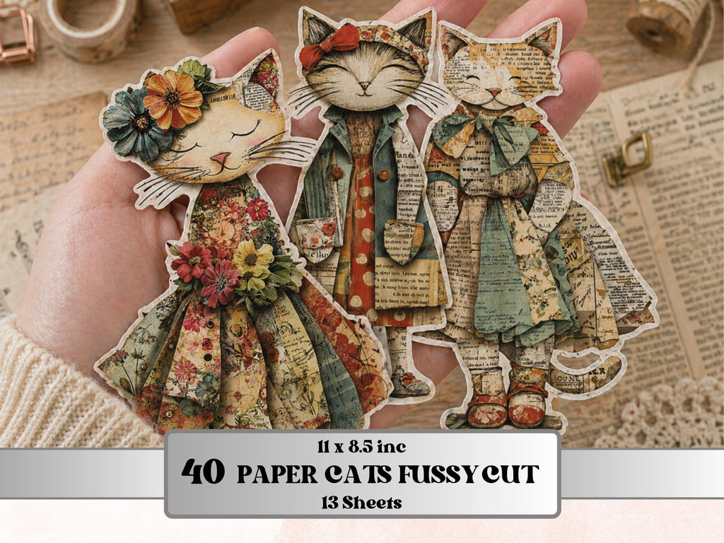 Whimsical Paper Cats Fussy Cut Bundle, 40 Mixed Media Cat Cutouts, Animal Ephemera Junk Journal Scrapbook Sheets