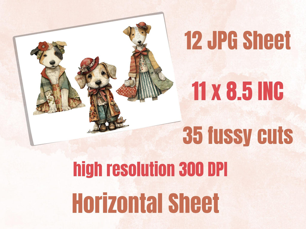 Whimsical Paper Dogs Fussy Cut Bundle, 35 Mixed Media Dog Cutouts, Animal Ephemera Junk Journal Scrapbook Sheets