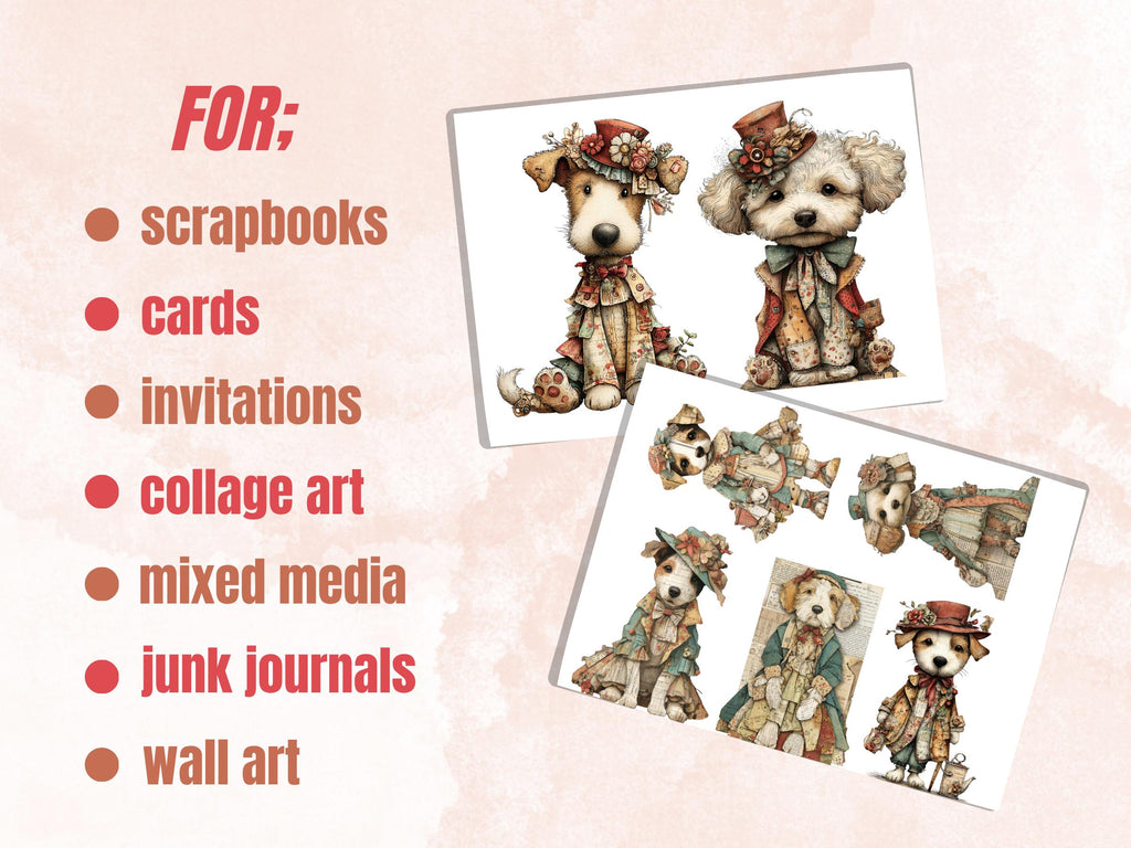 Whimsical Paper Dogs Fussy Cut Bundle, 35 Mixed Media Dog Cutouts, Animal Ephemera Junk Journal Scrapbook Sheets