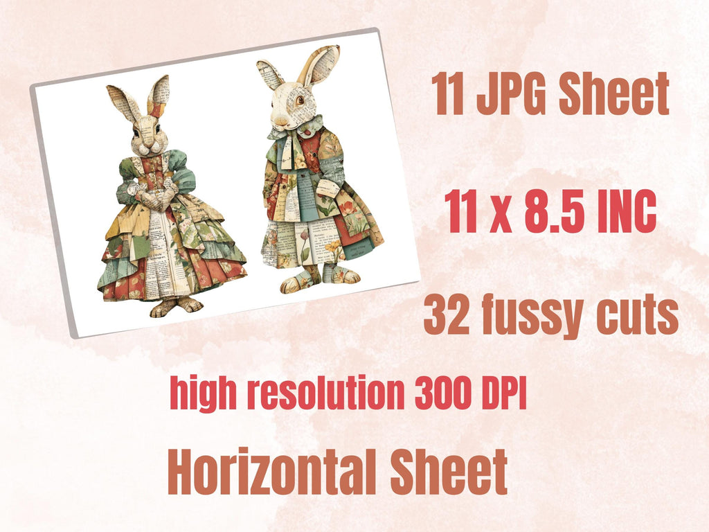 Whimsical Paper Bunnies Fussy Cut Bundle, 32 Rabbit Cutouts, Mixed Media Ephemera Junk Journal Scrapbook Sheets