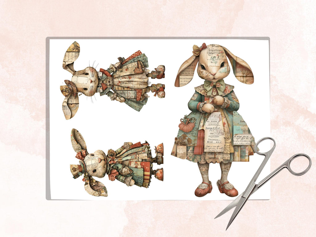 Whimsical Paper Bunnies Fussy Cut Bundle, 32 Rabbit Cutouts, Mixed Media Ephemera Junk Journal Scrapbook Sheets