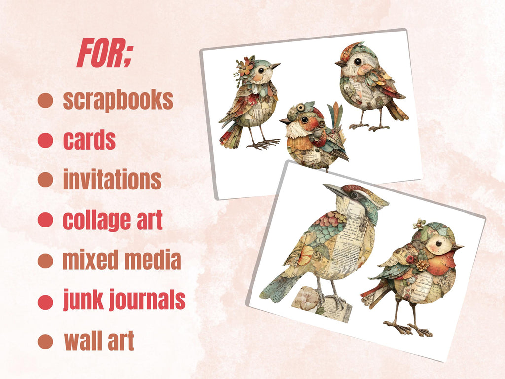 Whimsical Paper Birds Fussy Cut Bundle, 40 Mixed Media Bird Cutouts, Nature Ephemera Junk Journal Scrapbook Sheets