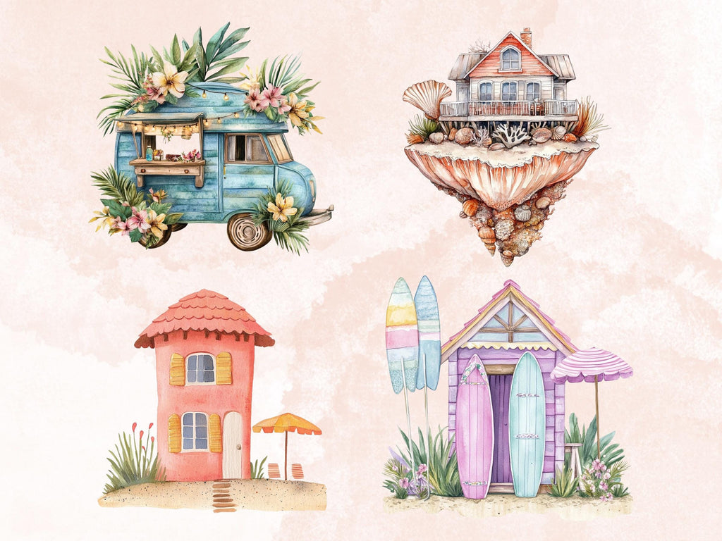 Quirky Summer Houses Clipart | 40 Whimsical Beach House PNG | Cottage Digital Download