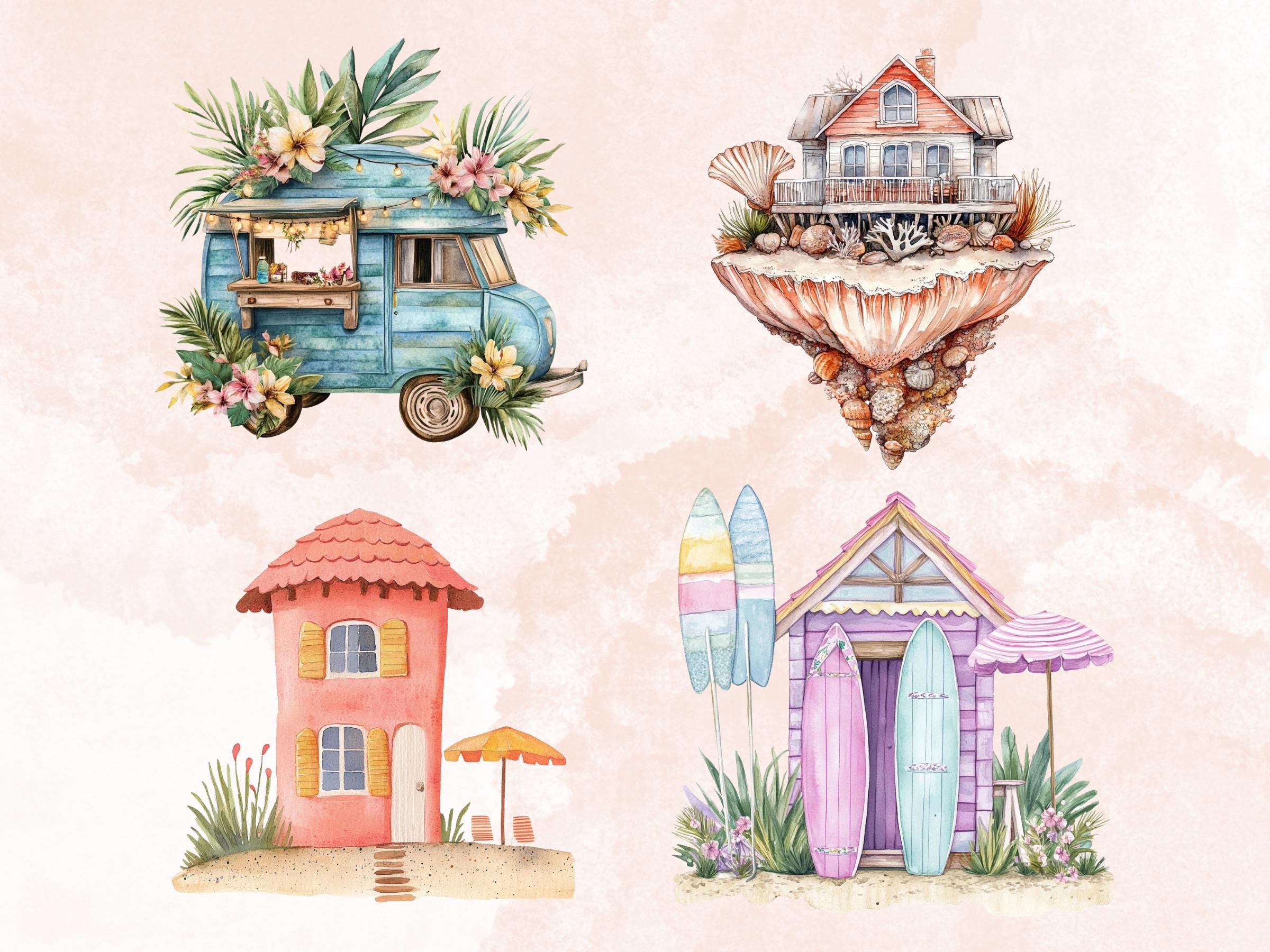 Quirky Summer Houses Clipart | 40 Whimsical Beach House PNG | Cottage Digital Download