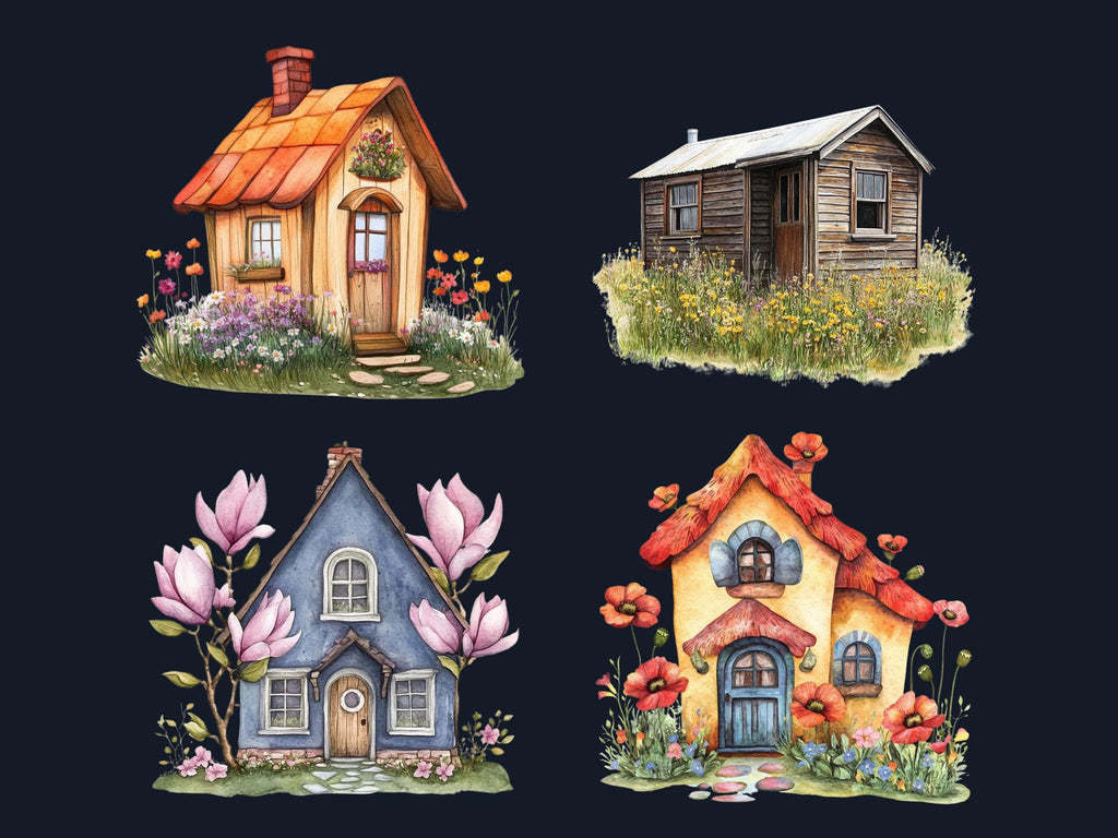 Quirky Floral Houses Clipart | 42 Whimsical Home with Flowers PNG | Cottage Garden Digital Download