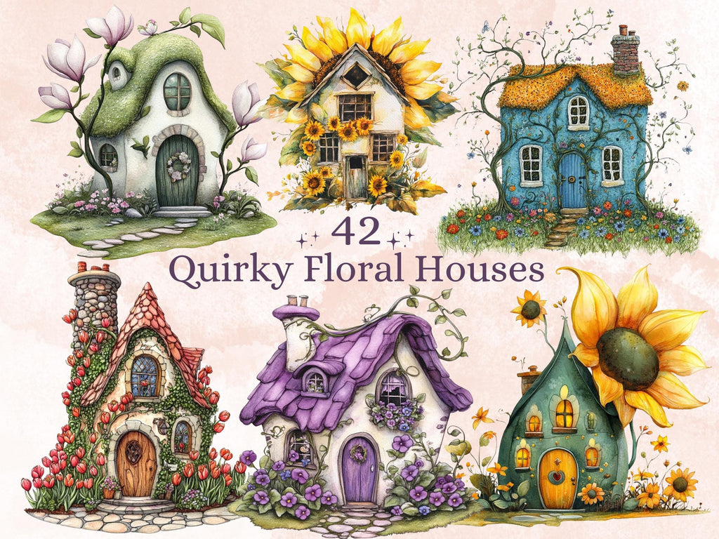 Quirky Floral Houses Clipart | 42 Whimsical Home with Flowers PNG | Cottage Garden Digital Download