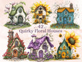 Quirky Floral Houses Clipart | 42 Whimsical Home with Flowers PNG | Cottage Garden Digital Download