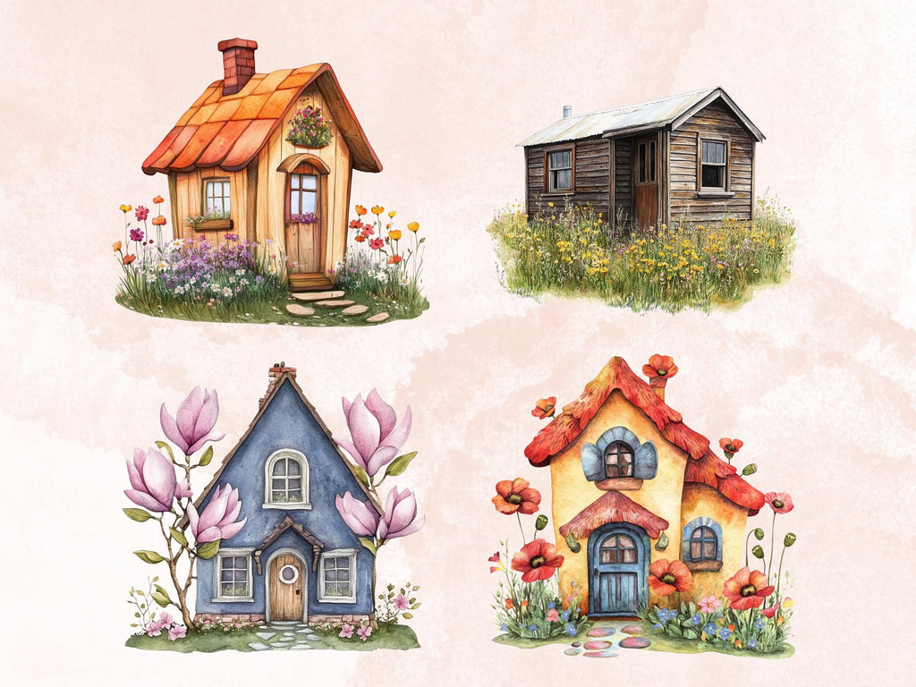 Quirky Floral Houses Clipart | 42 Whimsical Home with Flowers PNG | Cottage Garden Digital Download