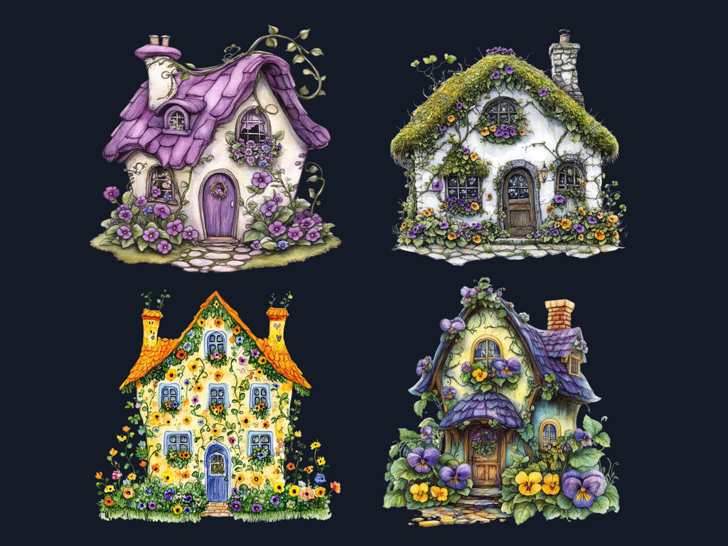 Quirky Floral Houses Clipart | 42 Whimsical Home with Flowers PNG | Cottage Garden Digital Download