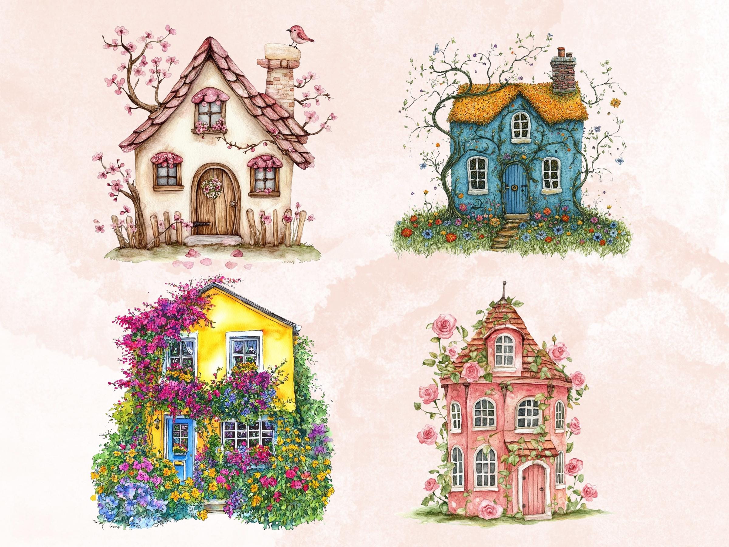 Quirky Floral Houses Clipart | 42 Whimsical Home with Flowers PNG | Cottage Garden Digital Download