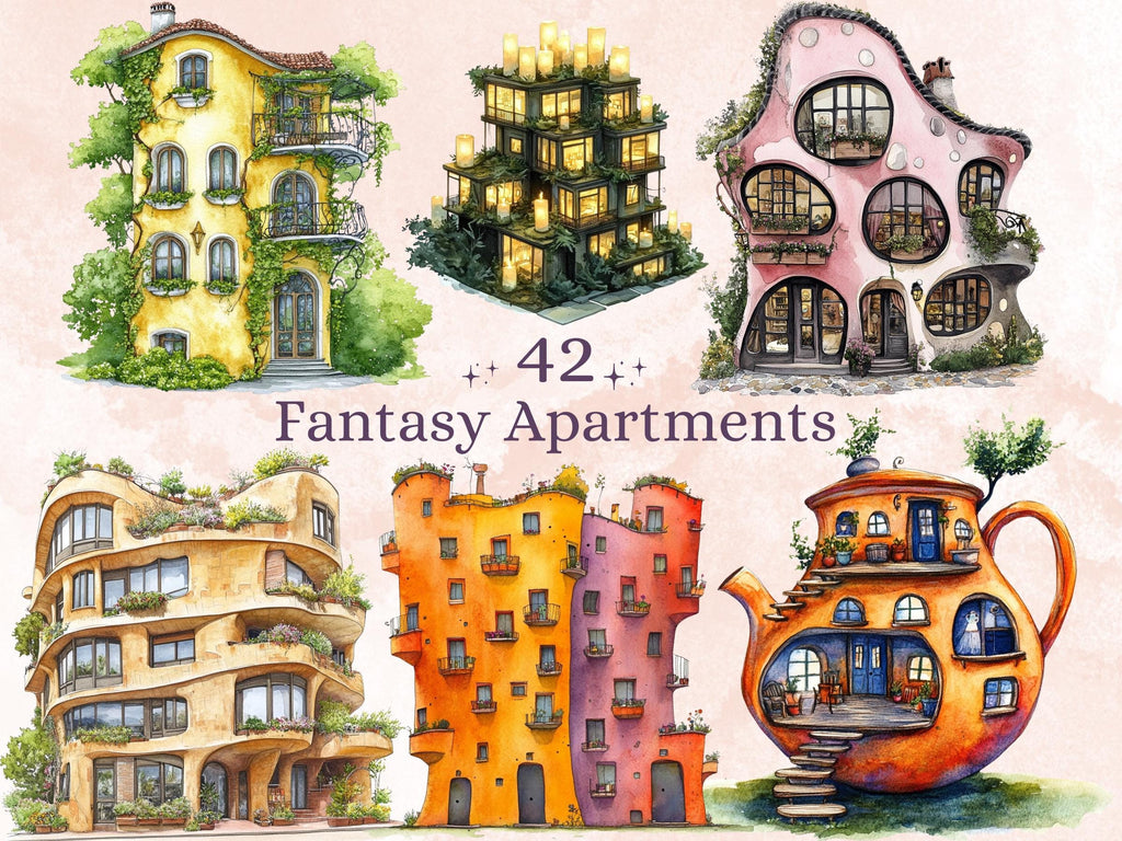 Fantasy Apartments Clipart | 42 Whimsical Quirky City PNG | Magical Home Digital Download